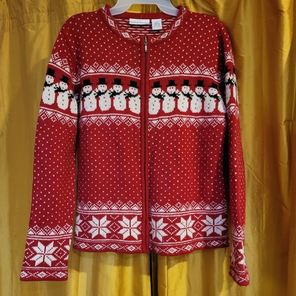 Silk Angora Christmas Sweater Croft & Barrow Red Zip Cardigan Snowman Flakes S - Picture 3 of 6